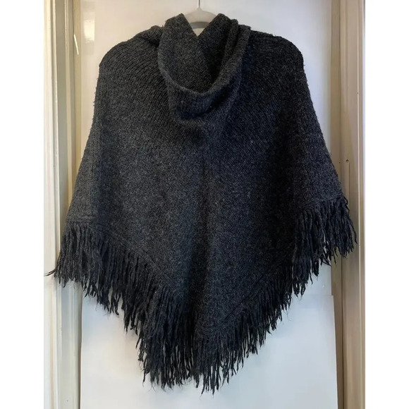 MIXIT Womens Dark Gray Pancho Hooded Wool Blended  Fringe Hem - Picture 2 of 10